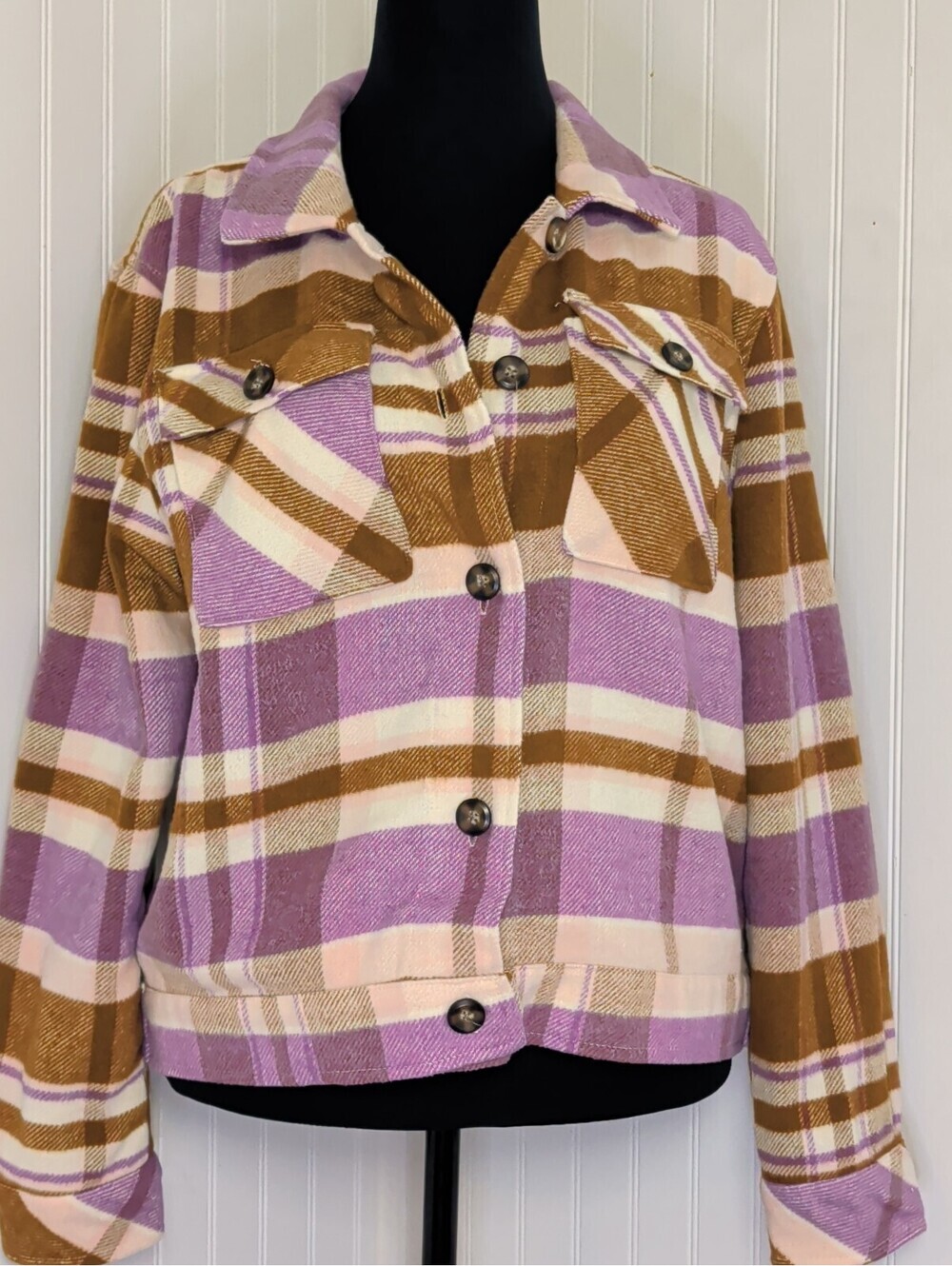 Kensie Jeans Plaid Button-Up Flannel Jacket in Purple and Brown - XL